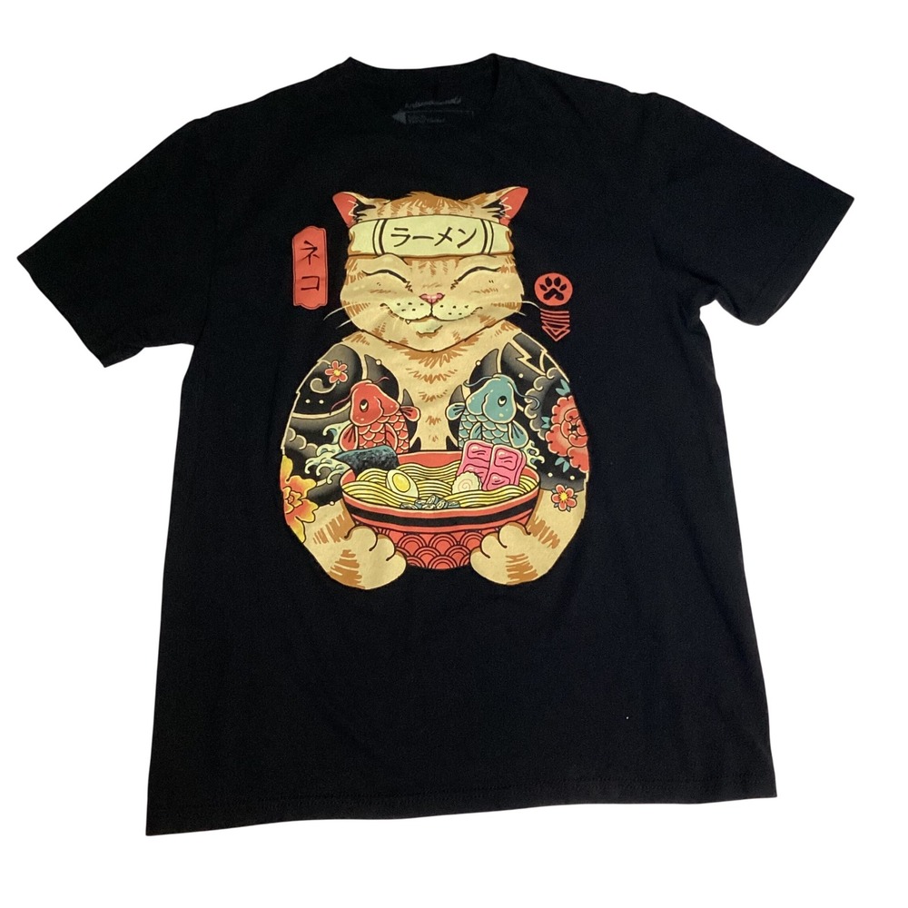 Threadless VincentTrinidadRamen Cat Graphic Tee Black Mens Medium Cotton T-Shirt